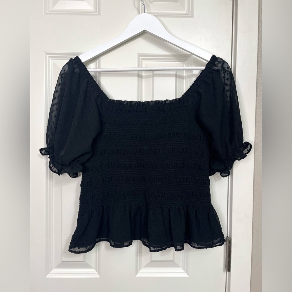 Express Black Smocked Peplum Puff Sleeve Top